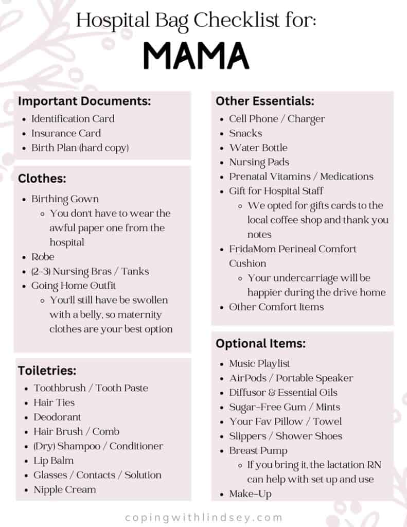 Here is a downloadable pdf of the ultimate hospital bag checklist for mama